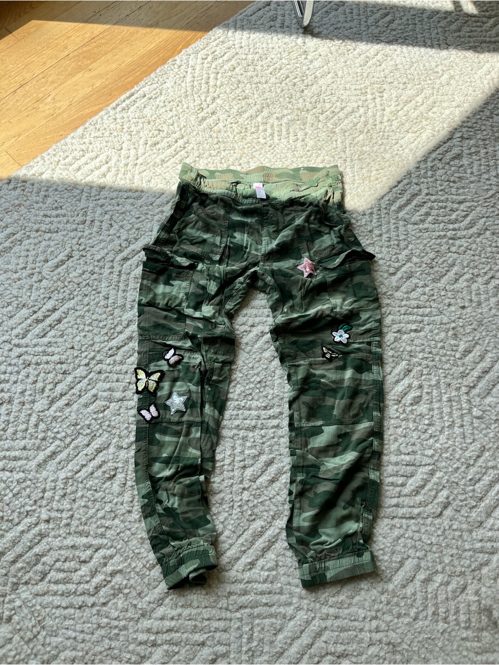 Justice Girls' Green Camo Cargo Pants with Embroidered Patches size 14